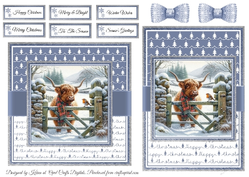 Highland Cow & Robin 3 Card Fronts & Sentiments - 6x6 & 5x7