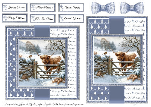 Highland Cow & Robin 4 Card Fronts & Sentiments - 6x6 & 5x7