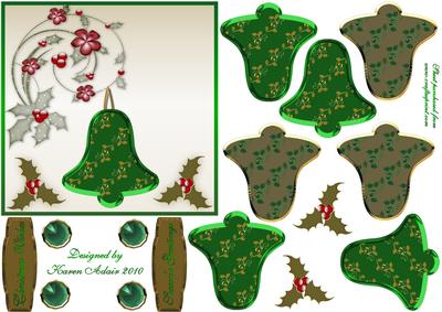 3D Christmas Holly Bell Embellishment in Green and Gold
