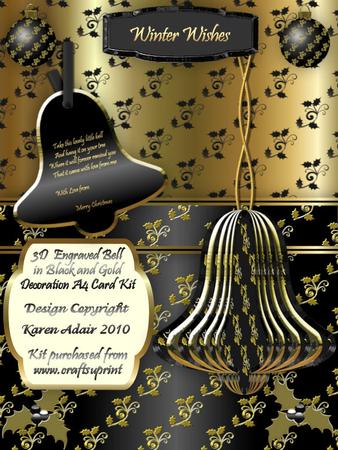 3D Holly Engraved Bell - Black N Gold A4 Decoration Card Kit