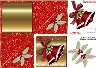 Red Christmas Bells 'n Holly Diamond Fold Card