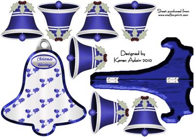 3D Holly Bell in Blue and Bell Shaped Plate Card