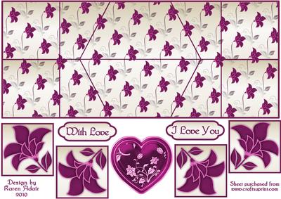 Valentines Heart 'n Flowers in Pink Double Diamond Fold Card