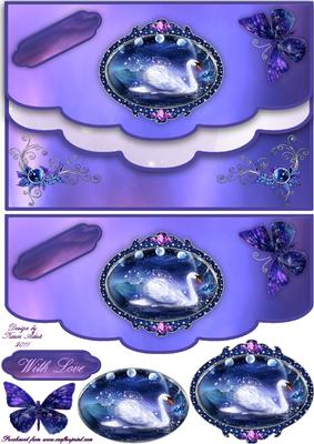 Fantasy Swan Lake Scallop Edge Faux Envelope Card Front