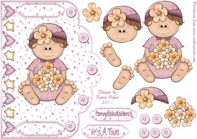 Cute Baby Girl Scallop Edge Card Front with Step by Step