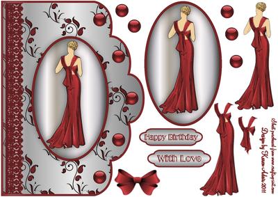 Art Deco Lady in Red 'n Lace Scallop Card Front