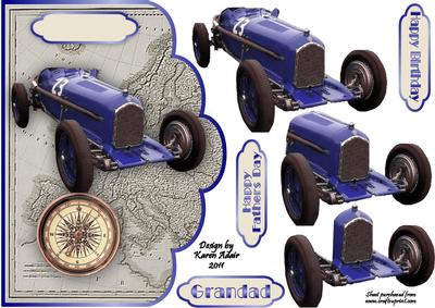3D Vintage Racing Car Scallop Edge A5 Card Front