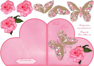 Butterflies N Roses Heart Shaped Card Front and Step by Step