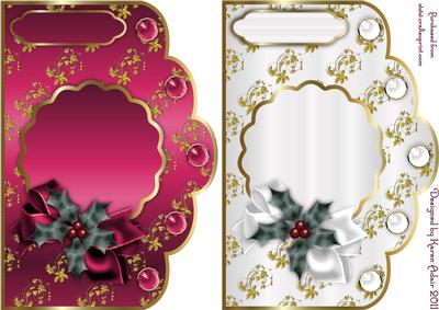 Christmas Golden Holly Scallop Card Bases in Cerise & White