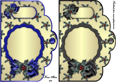 Christmas Holly Sprigs in Blue and Black Scallop Card Fronts
