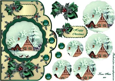 Christmas House, Trees and Snow Scene Scallop Pyramid Card