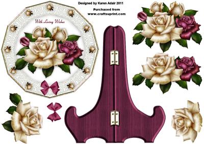 Antique Roses Plate Card and Stand with Decoupage