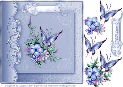 Butterfly and Blooms in Blue Square Card Front and Decoupage