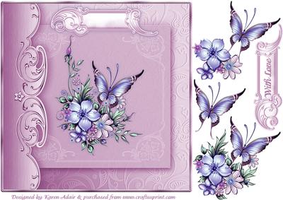 Butterfly and Blooms in Pink Square Card Front and Decoupage
