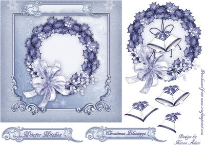 Blue Holly Wreath and Bells Square Card Front