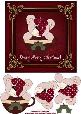 Holly Bear in a Teacup Square Card Front with Step by Step