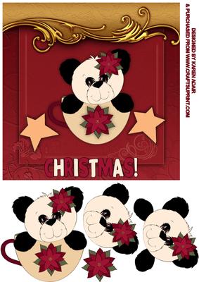 Poinsettia Panda Square Card Front and Step by Step