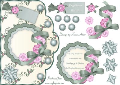 Green and Pink Christmas Scallop Edge Card Front