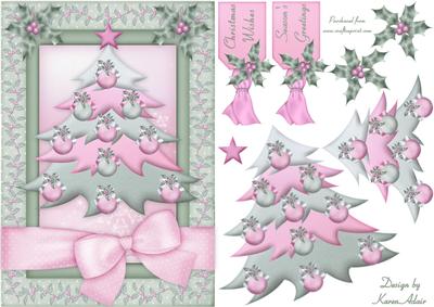 Christmas Tree in Green and Pink Card Front with Decoupage