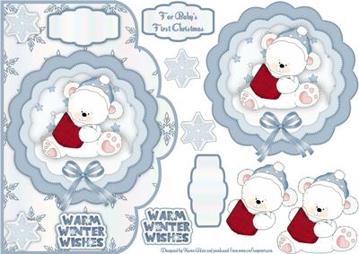 Little Christmas Polar Bear in Blue Scallop Card N Decoupage
