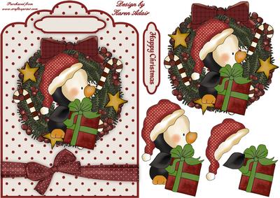 Penguin Wreath A5 Scallop Top Card Front with Step by Step
