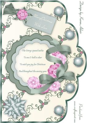 Christmas Flowers in Green and Pink A4 Scallop Card