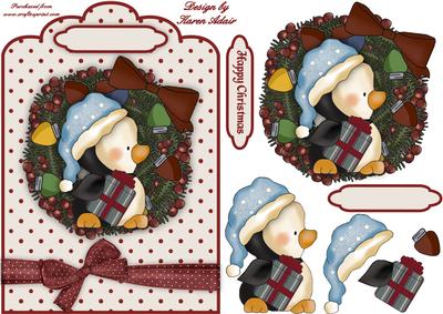 Penguin Wreath 2 A5 Scallop Top Card Front with Step by Step