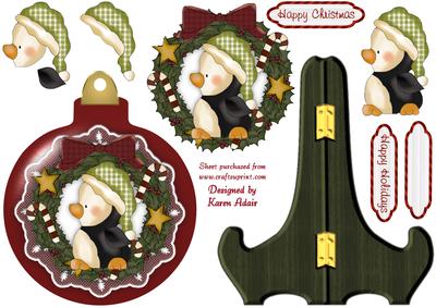 Penguin Wreath Bauble Shaped Plate Card and Stand