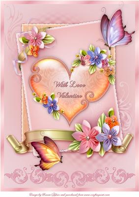 Valentine Hearts and Butterflies A4 Card Front