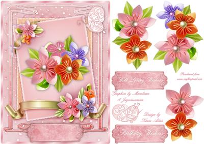 Origami Flower Bouquet Card Front with Step by Step