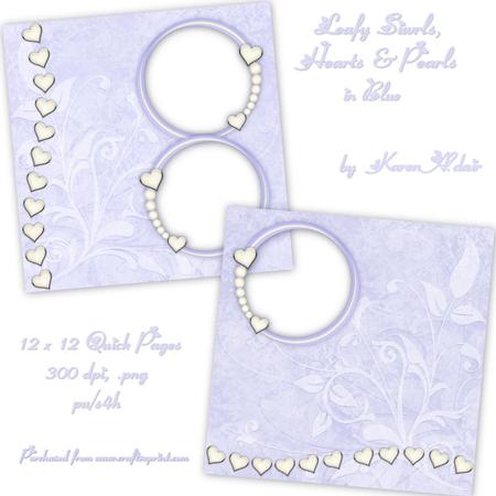 Leafy Swirls, Hearts & Pearls in Blue Quick Pages