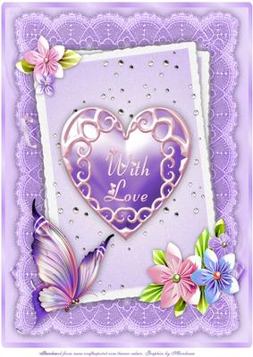 Origami Flowers, Heart and Butterfly A4 Card Front in Lilac