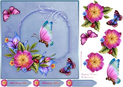 Blooms and Butterflies in Blue Square Card Front