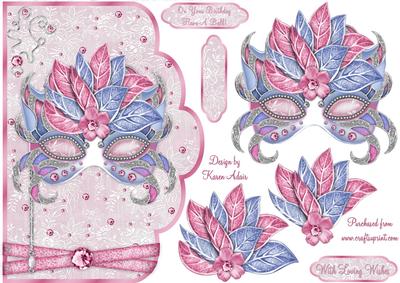 Venetian Mask in Pink and Blue Scallop Card Front