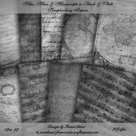 Maps, Music & Manuscripts in Black & White Paper Set