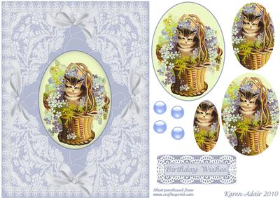Kitty in a Floral Basket 'n Lace Pyramid Card Front