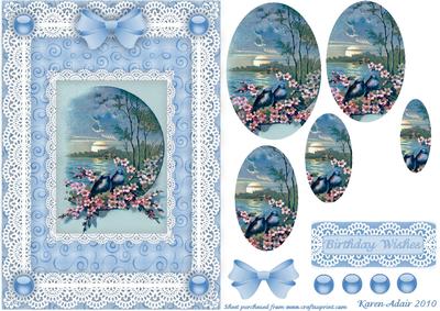 Bluebirds, Blossoms 'n Lace Pyramid Card Front