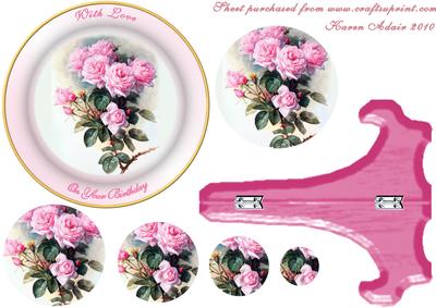Pink Roses Plate Card & Stand with Pyramid