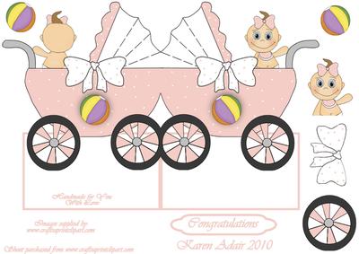 New Baby Girl Congratulations Pram Shaped Card