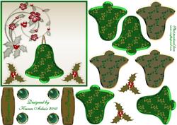 3D Christmas Holly Bell Embellishment in Green and Gold