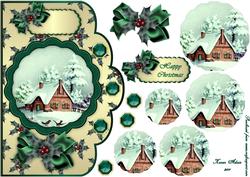 Christmas House, Trees and Snow Scene Scallop Pyramid Card