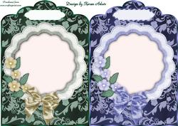 Floral Nouveau Scallop Top Card Fronts in Green and Blue