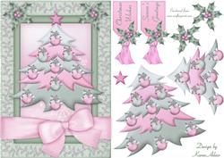 Christmas Tree in Green and Pink Card Front with Decoupage