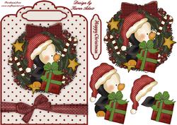 Penguin Wreath A5 Scallop Top Card Front with Step by Step
