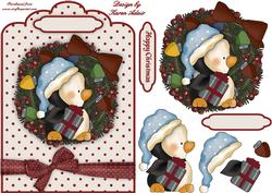 Penguin Wreath 2 A5 Scallop Top Card Front with Step by Step