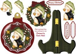 Penguin Wreath Bauble Shaped Plate Card and Stand