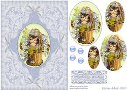 Kitty in a Floral Basket 'n Lace Pyramid Card Front