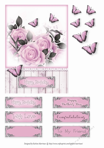 Rose & Butterfly Card Topper - Pink