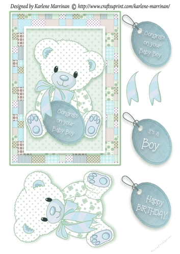Patchwork Teddy Baby Boy Card Topper -Turquoise