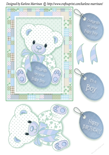 Patchwork Teddy Baby Boy Card Topper - Blue